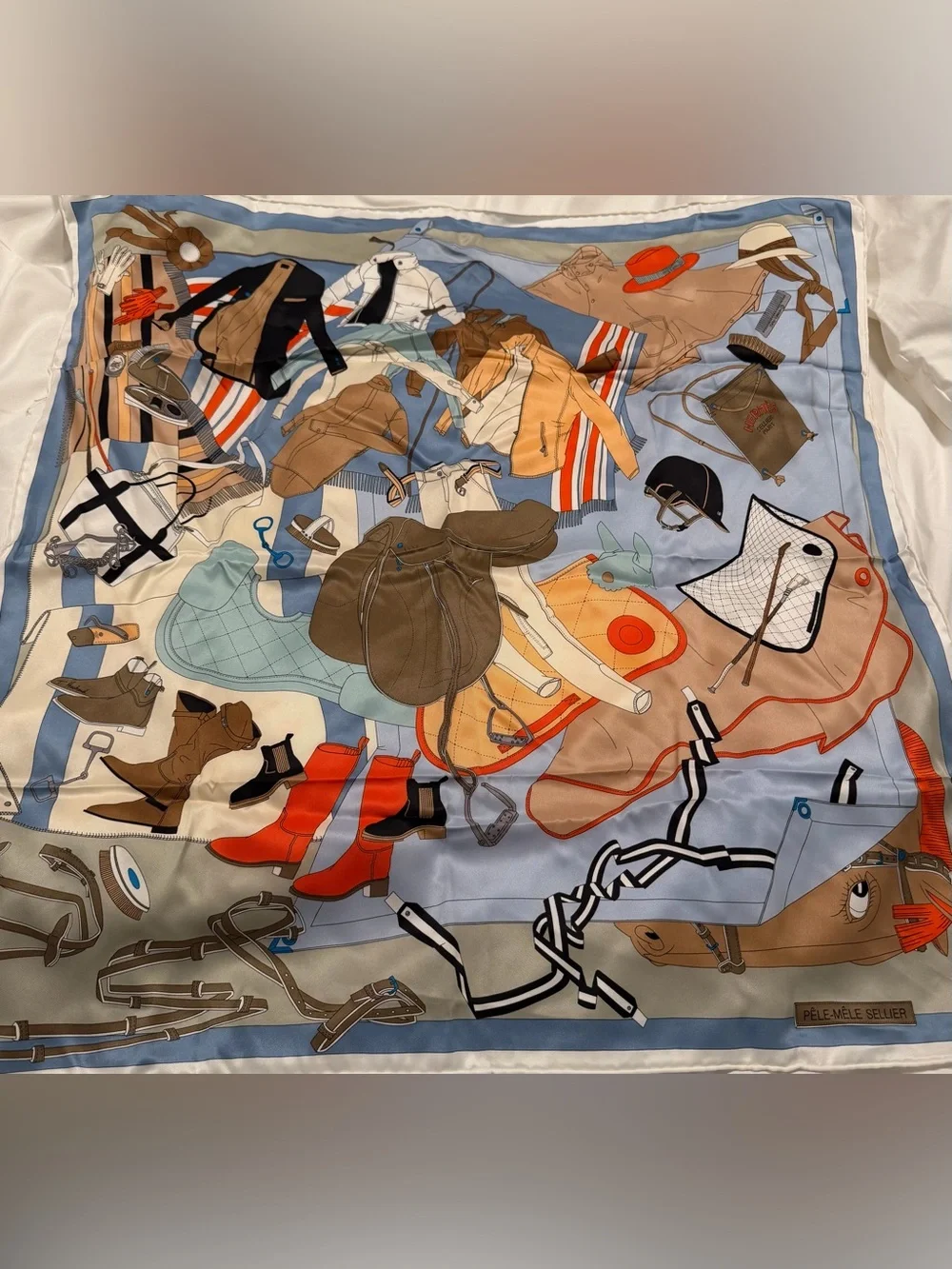 Hermes Equestrian Silk Scarf in Blue, Tan & Orange